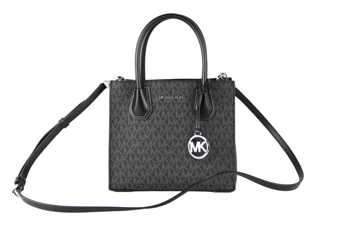 Michael Kors Mercer Medium Black Signature Leather Messenger Crossbody Handbag