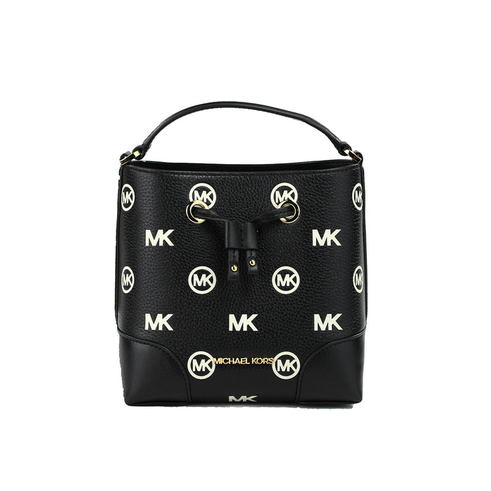 Michael Kors Mercer Small Black Embossed Drawstring Bucket Messenger Bag Purse