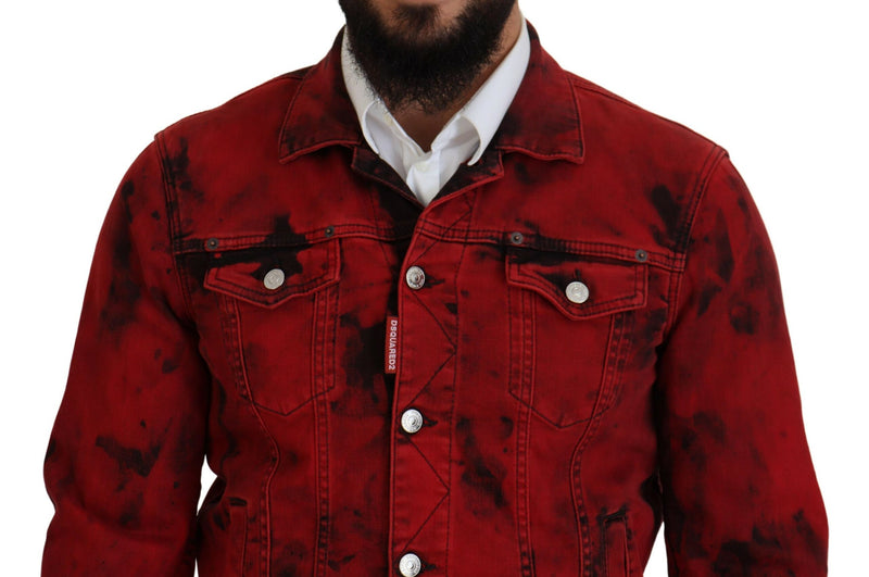 Dsquared² Red Black Tie Dye Collared Men Denim Jacket