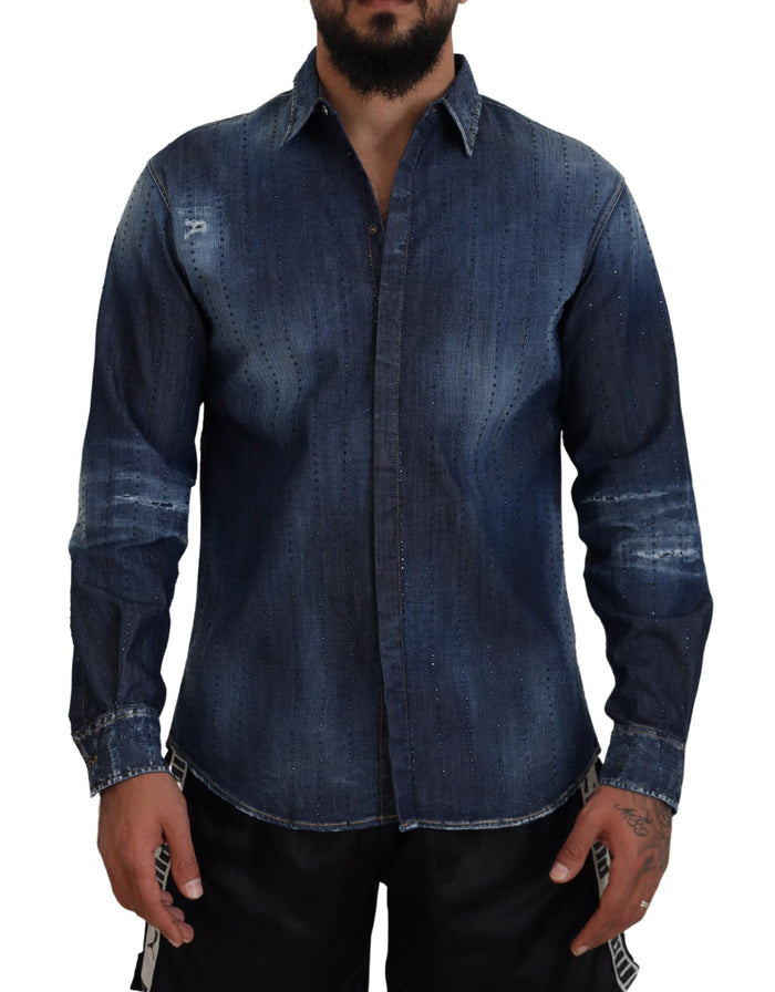 Dsquared² Blue Tattered Crystal Embellished Denim Shirt