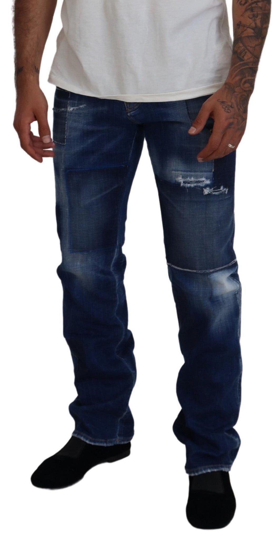 Dsquared² Blue Washed Patchwork Straight Fit Denim Jeans