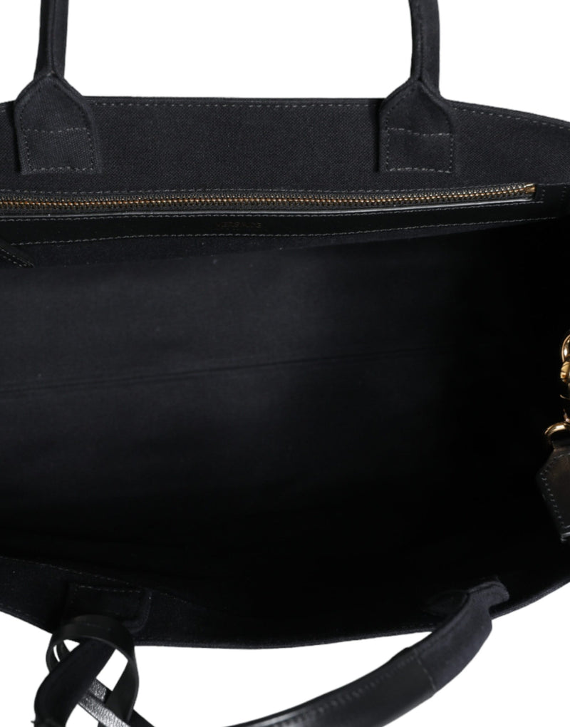 Versace Black Top Handle Canvas Leather Logo Crossbody Tote Bag