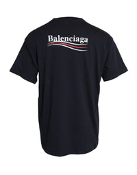 Balenciaga Dark Blue Cotton Logo Crew Neck Short Sleeves T-shirt