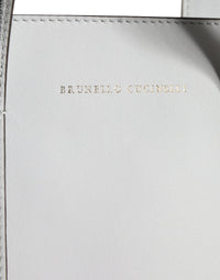 Brunello Cucinelli White Leather Logo Shoulder Strap Shopping Tote Bag