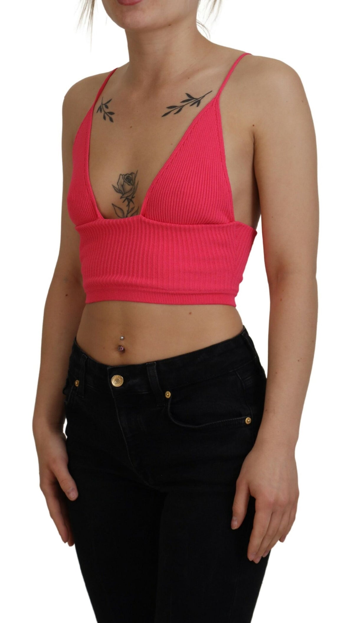 Dsquared² Pink Ribbed Knit Bra Cropped Spaghetti Strap Top