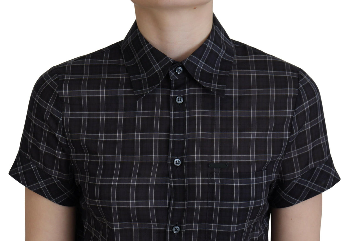 Dsquared² Black Checkered Collared Button Short Sleeves Top