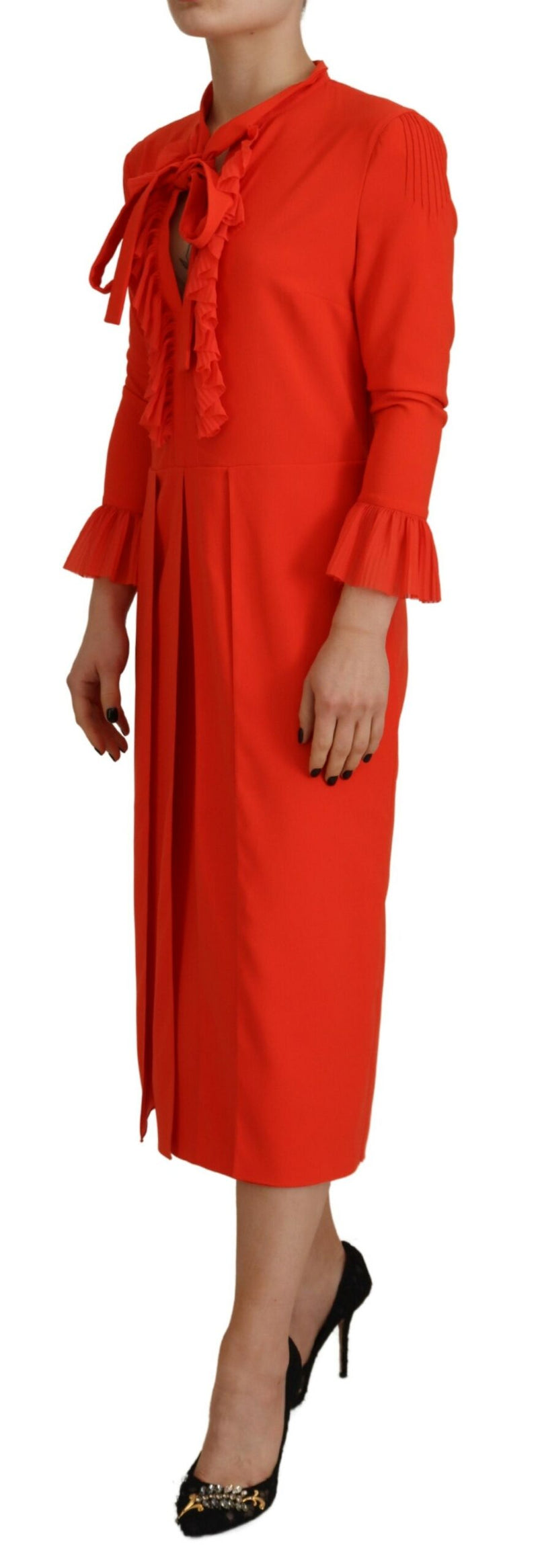 Dsquared² Red Polyester Long Sleeves Pleated Midi Dress